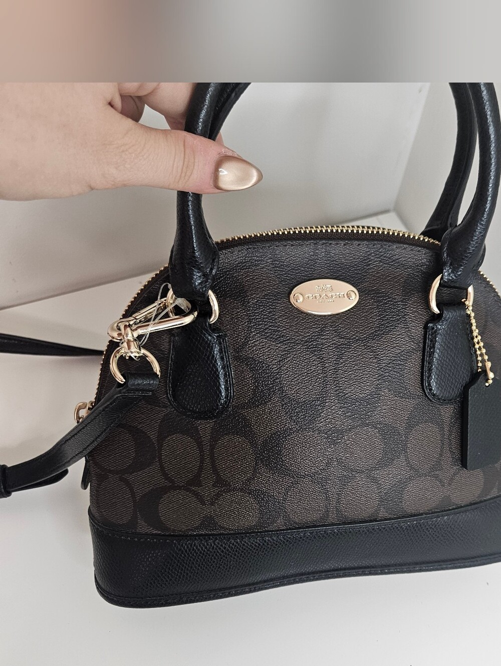 Coach Cora Dome Bag Brown Black Signature Cs Coated Canvas Satchel Mini Purse